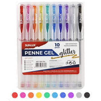 ca-817643; penna gel sunlux glitterata con grip antiscivolo e tratto scorrevole colori assortiti conf. 10 pz.; scrittura e correzione