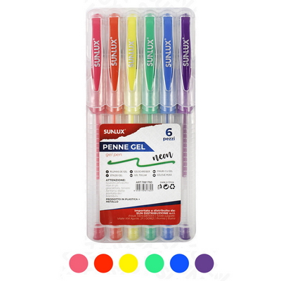 ca-817605; penna gel sunlux neon con grip antiscivolo e tratto scorrevole colori assortiti conf. 6 pz.; scrittura e correzione